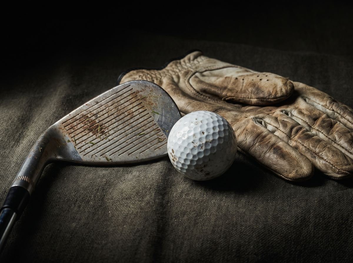 A used wedge, golf ball and glove on a dark surface