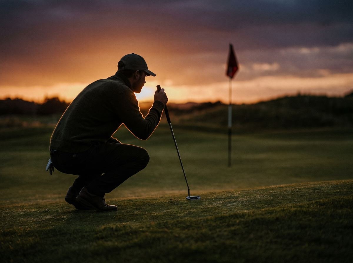 A golfer reading a putt at dusk
