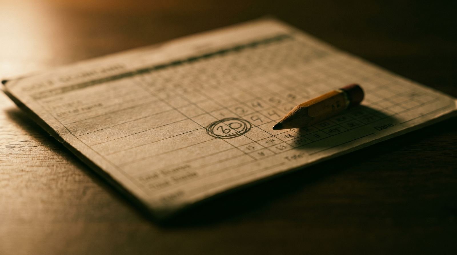 A paper scorecard with a pencil, one score circled